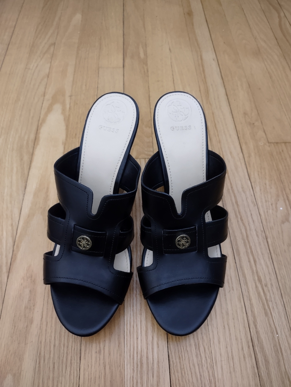 GUESS Black Leather Slide Sandals with Gold Accent